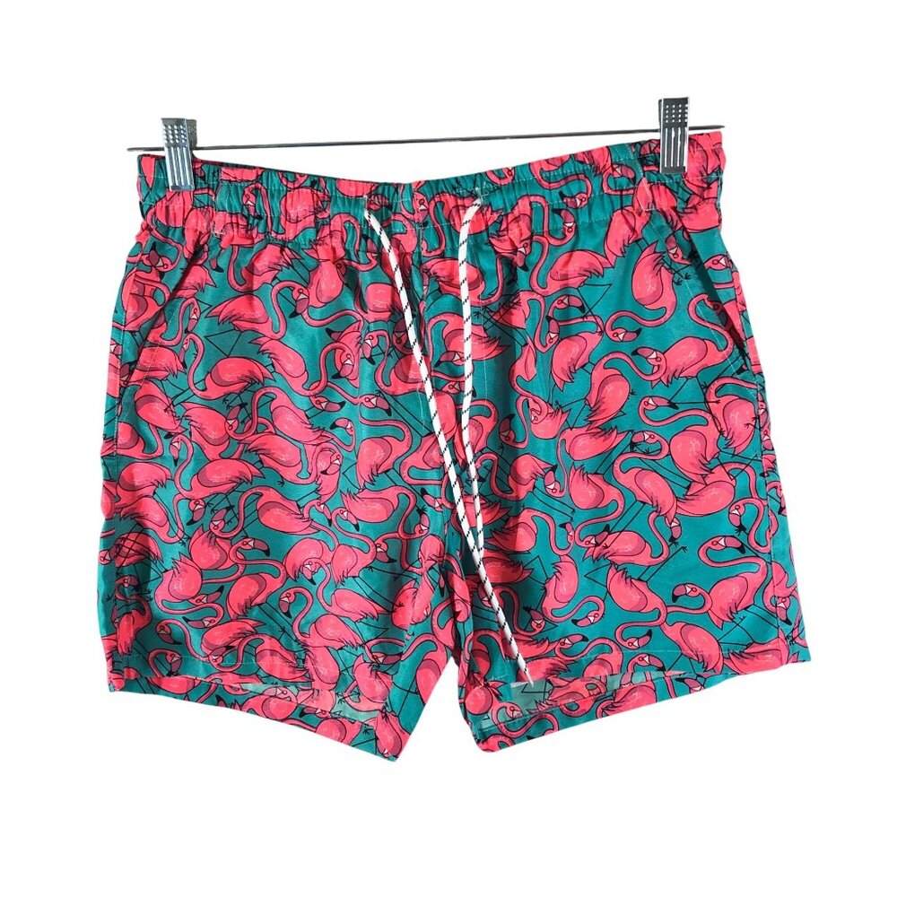 SSLR Mens Swim Trunks Mesh Lined Drawstring Flamingo Novelty Print Blue Pink 32
